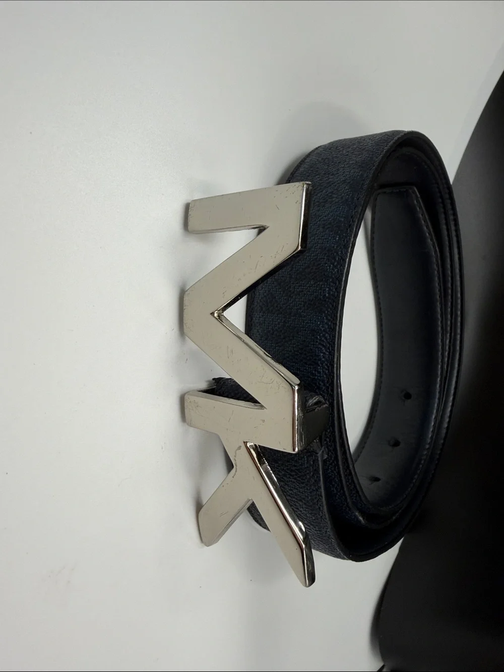 Michael Kors Black Leather Belt with Silver MK Logo Buckle